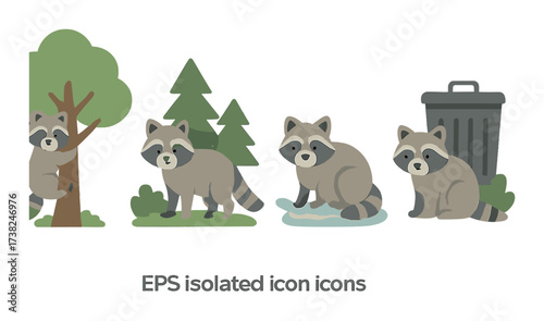 Cute cartoon raccoons in forest scene with trash can and trees