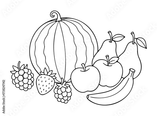 Fruits and berries Doodle style. black and white isolated icon. watermelon, apple, pear, banana, raspberry, strawberry. Coloring page, art therapy, line art, logotype. Vector illustration