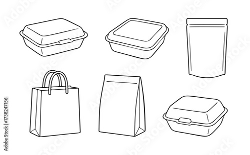 Set of recyclable packaging. Doodle style. Hand drawn black and white isolated icon. Coloring page, art therapy, line art, logotype. Ecology and waste recycling. Vector illustration