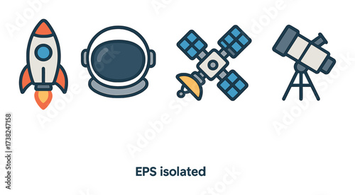 Space exploration icons: rocket, helmet, satellite, telescope