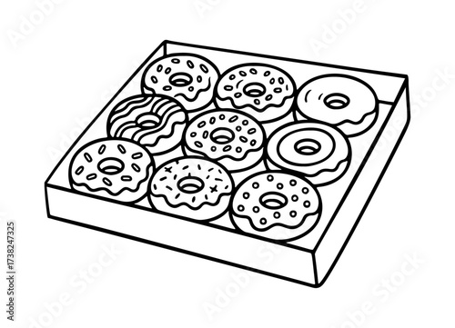 Box of donuts outline icon, Doodle style. Hand drawn black and white isolated icon. Coloring page, art therapy, line art, logotype. Vector illustration