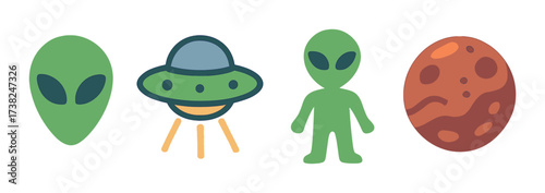 Colorful alien icons with ufo and mars on green background