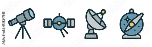 Telescope and satellite icons emphasizing space exploration technology