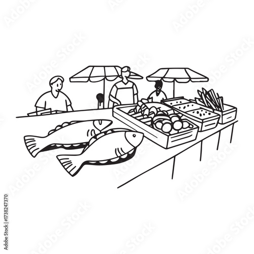 Fish Market Scene Fresh Seafood and Vendors Under Umbrellas