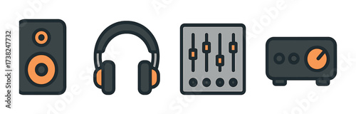 Audio equipment icons featuring speaker, headphones, mixer, and amplifier