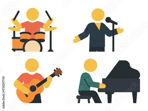 Abstract musicians playing drums guitar singing and piano in glowing design