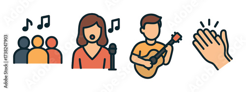 Music concert icons: singing female, guitar-playing male, audience, applause