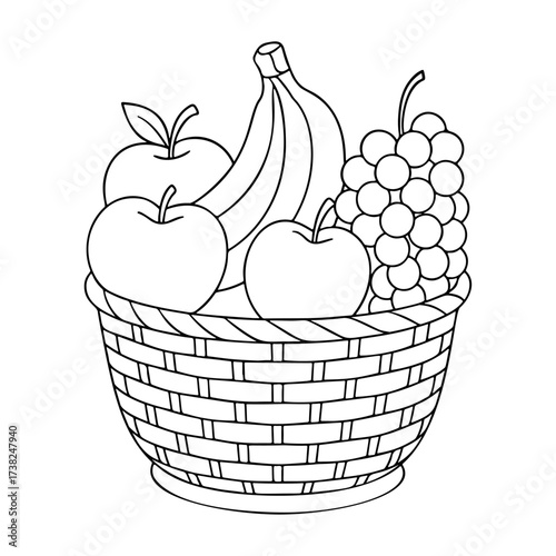 fruit basket Doodle style. apples, bananas, grapes. Hand drawn black and white isolated icon. Coloring page, art therapy, line art, logotype. Vector illustration