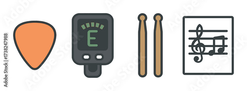 Collection of guitar pick, tuner, drumsticks, and sheet music icons on brown background
