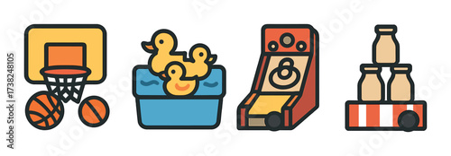 Vibrant carnival icons featuring basketball, rubber ducks, skee-ball, and milk bottles