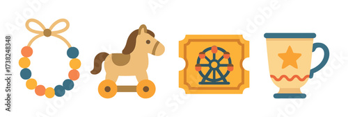 Colorful carnival icons: ferris wheel, toy horse, cup, beaded garland