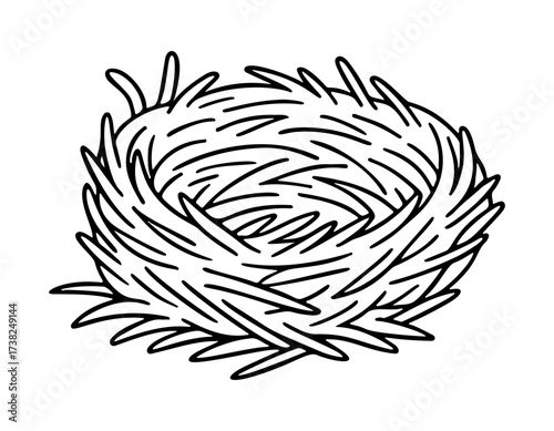 Empty Bird nest outline. Doodle style. Hand drawn black and white isolated icon. Coloring page, art therapy, line art, logotype icon bird house. Vector illustration