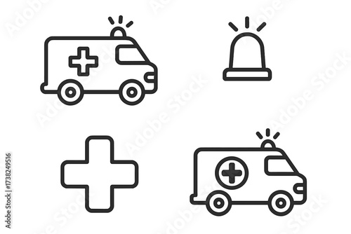 Ambulance car icon set. Emergency medical services symbol. Health care line art vector. First aid, hospital transport, rescue vehicle, urgent siren, and medical cross sign.