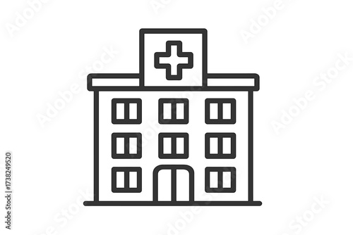 Hospital icon vector of a medical building. Simple line art illustration for healthcare and emergency services. Modern clinic outline symbol. Medical center pictogram concept.