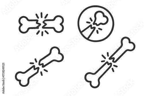 Broken bone line icon set. Bone fracture, skeleton injury pictogram. Orthopedics, trauma, osteoporosis medical symbol. Health care diagnostic concept. Cracked human bone vector.