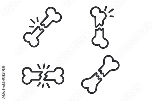 Broken bone vector icon set. Bone fracture symbol. Medical concept for trauma, injury, osteoporosis, orthopedics. Human skeleton anatomy. Health care pictogram collection.