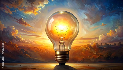 Glowing lightbulb, sunset sky