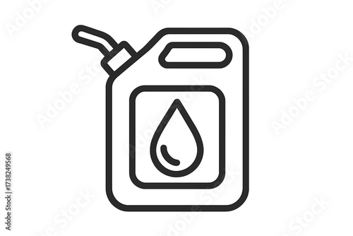Fuel can icon. Gas canister for petrol, diesel, oil. Jerrycan with liquid drop symbol. Line art vector for energy, power, industry, transport. Emergency fuel reserve.
