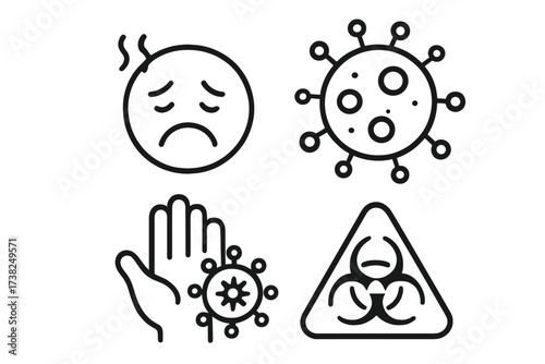 Infection and virus line icon set. Sickness, disease concept. Sick emoji with fever, microbe, bacteria, biohazard symbol, stop hand gesture. Pandemic, epidemic vector signs.