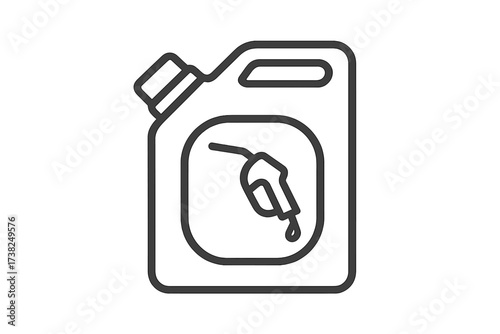 Fuel canister icon with gasoline nozzle symbol. Jerrycan for petrol, diesel, or oil. Line art vector for energy, power, and transport concepts. Automotive industry graphic.