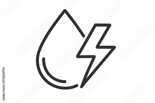 Hydro power icon with water drop and lightning bolt. Renewable, sustainable energy symbol. Hydroelectricity concept. Natural resources for clean power generation vector logo.