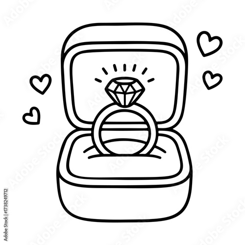 Engagement ring with diamond in gift box. Doodle style. Hand drawn black and white isolated icon. Coloring page, art therapy, line art, logotype Love, proposal, wedding. Vector illustration