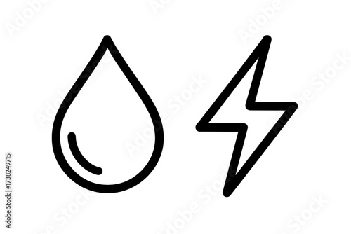 Hydropower energy linear icon set. Water drop and lightning bolt symbol. Concept of renewable, sustainable and clean electricity generation. Natural resource and eco friendly power.