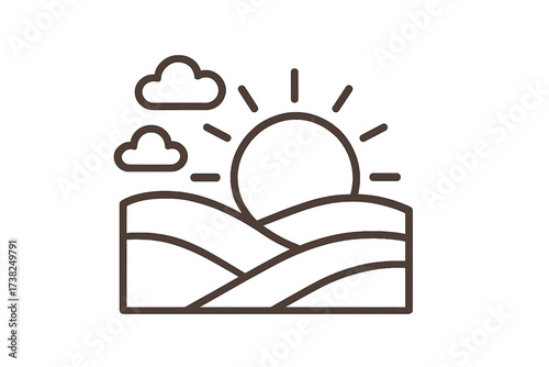 Sunrise over rolling hills icon. Linear landscape with sun and clouds. Vector illustration of a field or farm. Concept for morning, nature, agriculture, scenery, dawn, rural life.