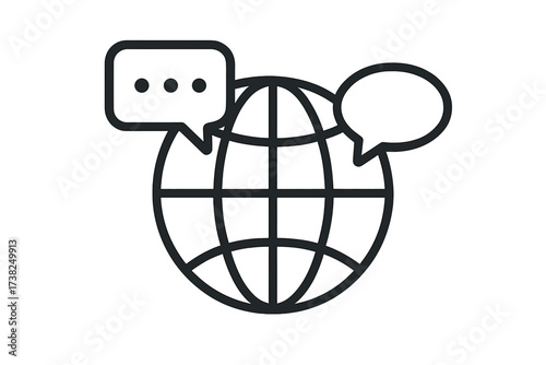Global communication, international language translation icon. World chat, dialogue concept. Globe with speech bubbles. Worldwide network, social media, connection vector design.