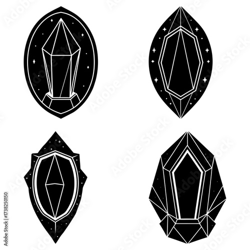 Collection of four stylized black and white crystal gems in various shapes and ornate designs set against white