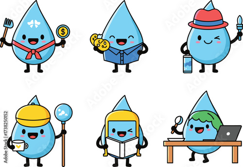Happy water drop characters with various professional and recreational occupations, perfect for business, education, and lifestyle themes