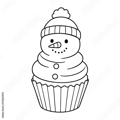 Snowman cupcake Doodle style. Hand drawn black and white isolated icon. Coloring page, art therapy, line art, logotype. Vector illustration