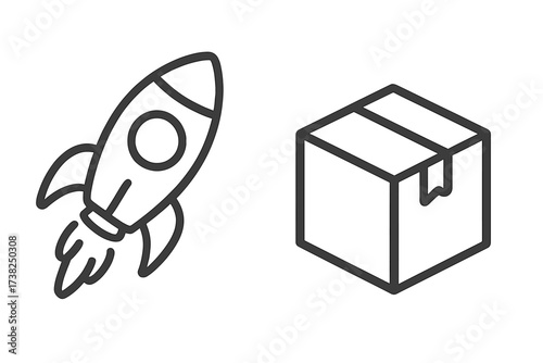 Fast delivery icon set. Express shipping concept. Rocket launch with package box. Startup business project, product launch. Quick logistics and cargo transportation service.