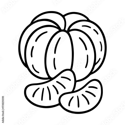 Tangerine fruit Doodle style. Outline icon. Hand drawn black and white isolated icon. Coloring page, art therapy, line art, logotype, print, scrapbooking. Vector illustration
