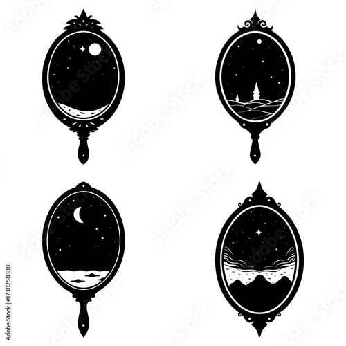 Four ornate hand mirrors reflecting different night scenes with stars and celestial bodies shining bright