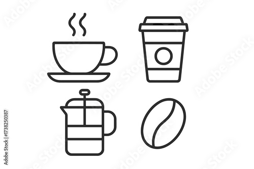 Coffee outline icons set with steaming cup, takeaway cup, French press, and coffee bean. Simple black line design, minimalistic coffee concept, cafe and beverage symbols.