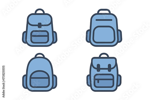 Blue backpack and schoolbag icon pack set, minimalistic linear filled color vector cartoons for web design, apps, banners, social media, education, travel, and graphic projects