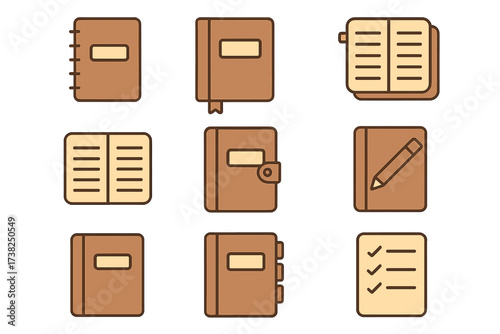 Brown notebook icon pack full color. Minimalist linear style vector illustration set for web, graphic design, app UI, banners, social media, note-taking, diary, planner concepts.