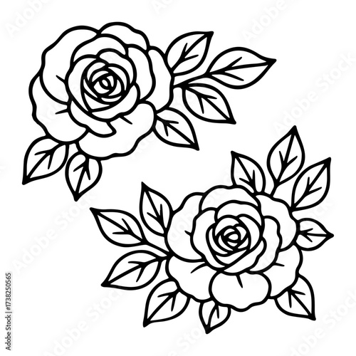 Rose flowers with leaves. Botanical element. Doodle style. Hand drawn black and white isolated icon. Coloring page, art therapy, line art, logotype Beautiful flower. Vector illustration