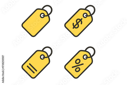 Set of Yellow Price Tags Icons with Dollar, Percentage, Sale Symbols. Minimalistic Vector Price Label Collection for Shopping, Retail, Discounts, Commerce Design.