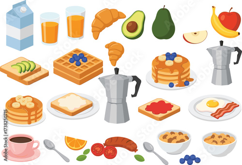 Healthy and delicious breakfast food collection with coffee, pancakes, waffles, avocado toast, and fruit for a balanced morning meal