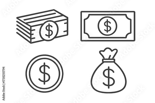 Money and finance line icon set. Vector symbols of cash, coin, banknote, and money bag. Dollar sign illustration for banking, investment, payment, economy, and savings concepts.