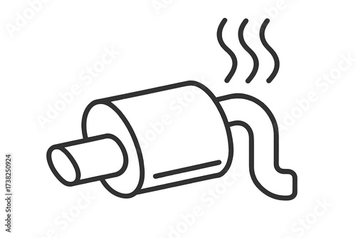 Car exhaust pipe icon. Muffler with smoke. Vehicle emission symbol. Air pollution concept. CO2 gas. Fumes from automobile. Exhaust system pictogram. Climate change line art.
