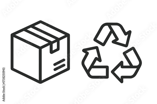 Recyclable package and recycle symbol line icon set. Vector illustration of a cardboard box for shipping. Concept for eco friendly delivery and sustainable packaging.
