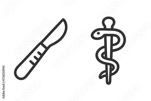 Medical icon set with scalpel and Rod of Asclepius symbol. Vector line art of surgery and healthcare concepts. Simple illustration for hospital, clinic, or doctor logo design.