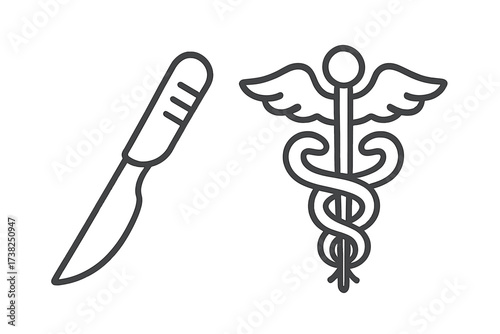 Scalpel icon and Caduceus medical symbol set. Linear vector line art for surgery, healthcare, medicine. Concept for emergency, pharmacy, hospital, clinic, or doctor logo.