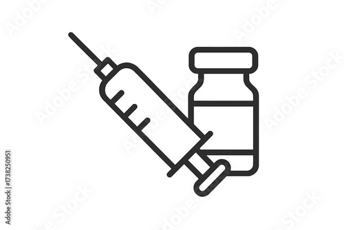 Vaccine and syringe icon. Linear vector illustration for vaccination and immunization. Medical concept for flu shot or covid-19 jab. Medicine vial, dose, injection, healthcare.