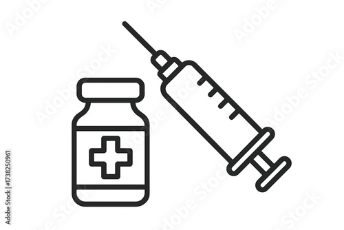Vaccine and syringe icon. Vaccination, immunization concept. Medical injection for disease prevention. Flu shot, covid-19 vaccine vial and needle. Healthcare, medicine symbol.