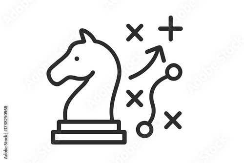 Chess knight strategy icon. Business tactic and game plan concept. Line art of a solution path and planning diagram. Metaphor for marketing, management, and success. Vector.
