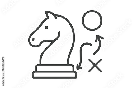 Chess knight strategy icon. Business tactic and plan concept. Strategic move for success. Game theory diagram. Goal setting and decision making. Vector line art symbol.